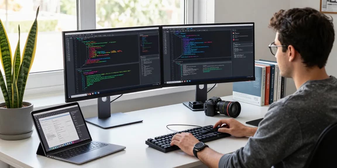 Developer focused on coding in a modern tech workspace, illustrating WhatsApp下載 software development.
