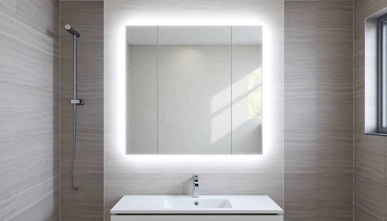 Sonni Spiegelschrank im modernen Badezimmer mit LED-Beleuchtung und flexibler Kontrolle.