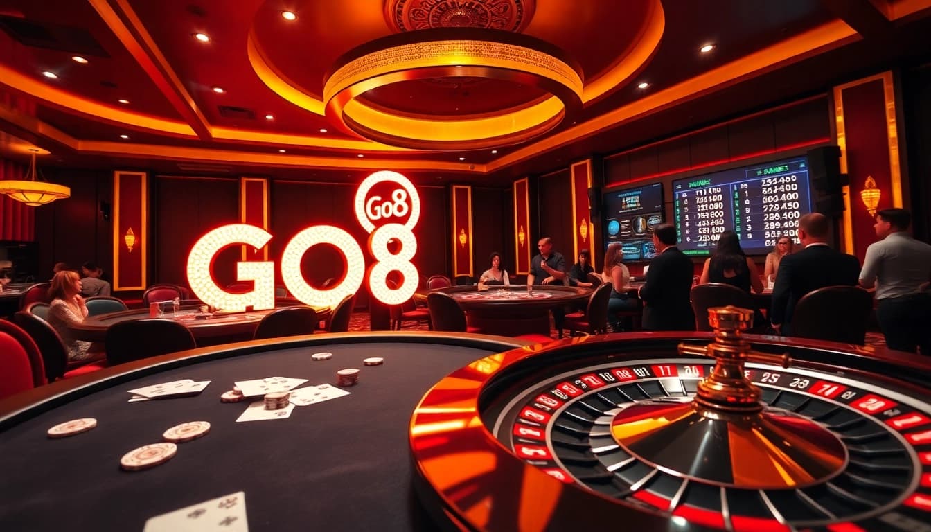 Experience the thrill of GO8 gaming with a luxurious casino scene featuring poker and roulette.