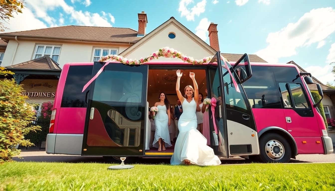 Wedding party bus transporting guests to a wedding venue, featuring cheerful bridal party members.
