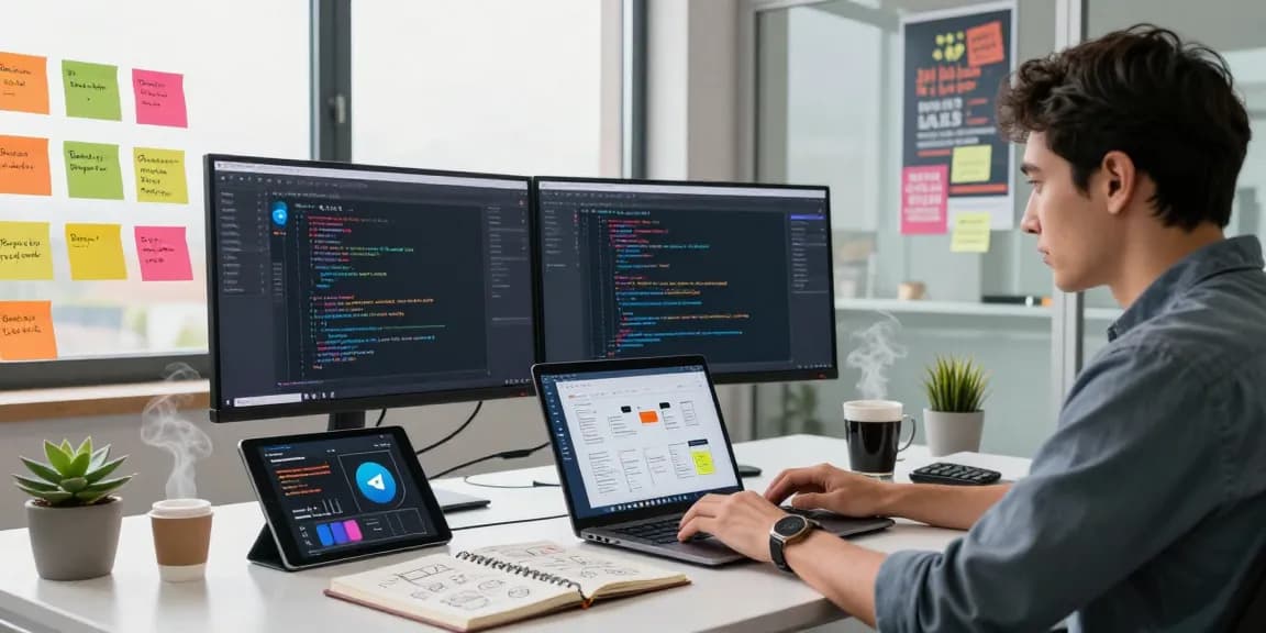 Showcasing 纸飞机下载 in a vibrant tech workspace with developer, multiple screens, and creative elements.