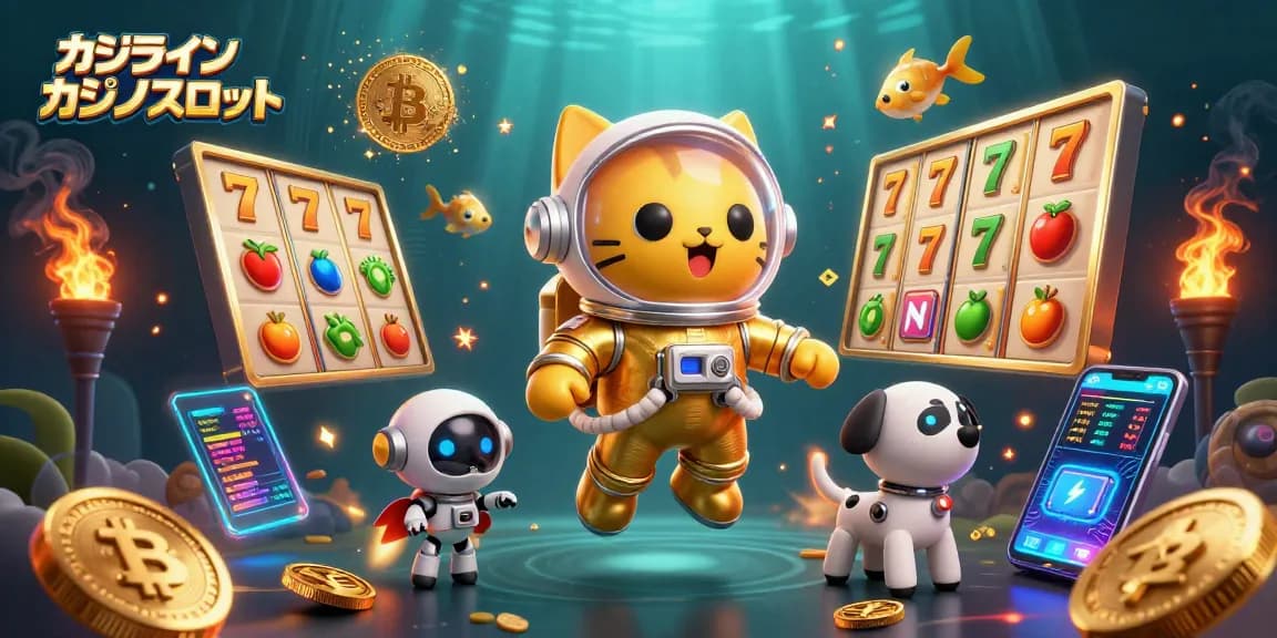 オンラインカジノスロットのスロットリールと宇宙のキャラクターが浮かぶ幻想的なシーン