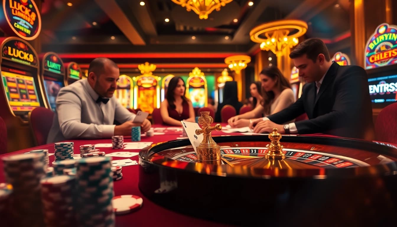 Người chơi cá cược tận hưởng một trải nghiệm hồi hộp tại bàn casino LUCK8 với các đồng chip poker và lá bài.