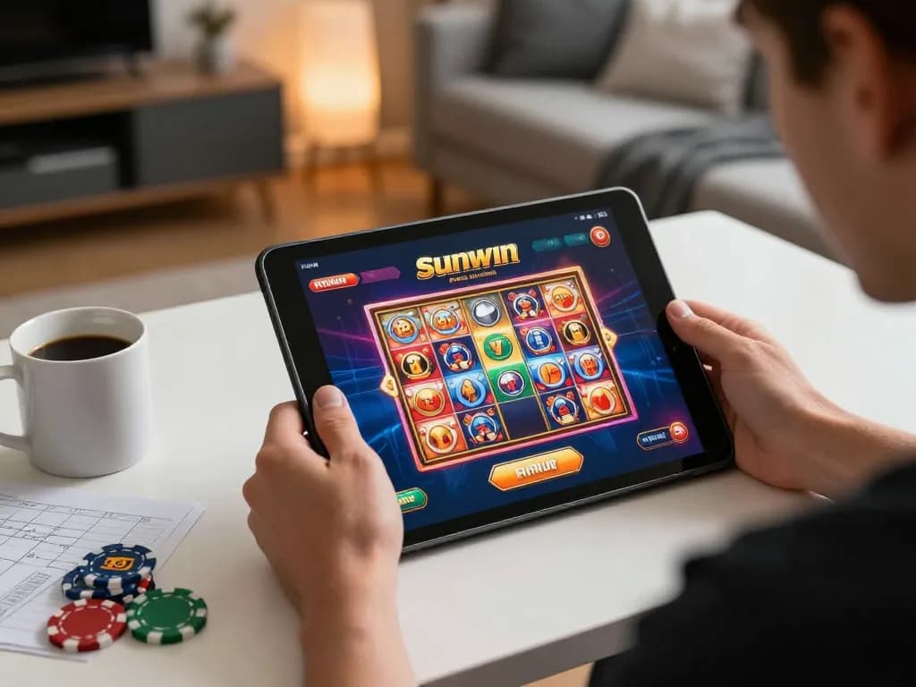 Engaging moment of a player enjoying Sunwin mobile gaming experience with strategy notes and colored graphics.