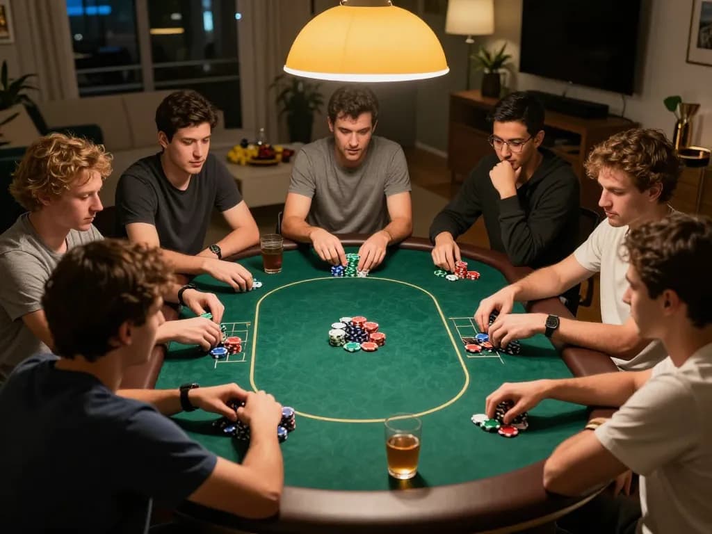 Players engaged in an exciting home poker game, showcasing the da88 brand in a friendly competition environment.
