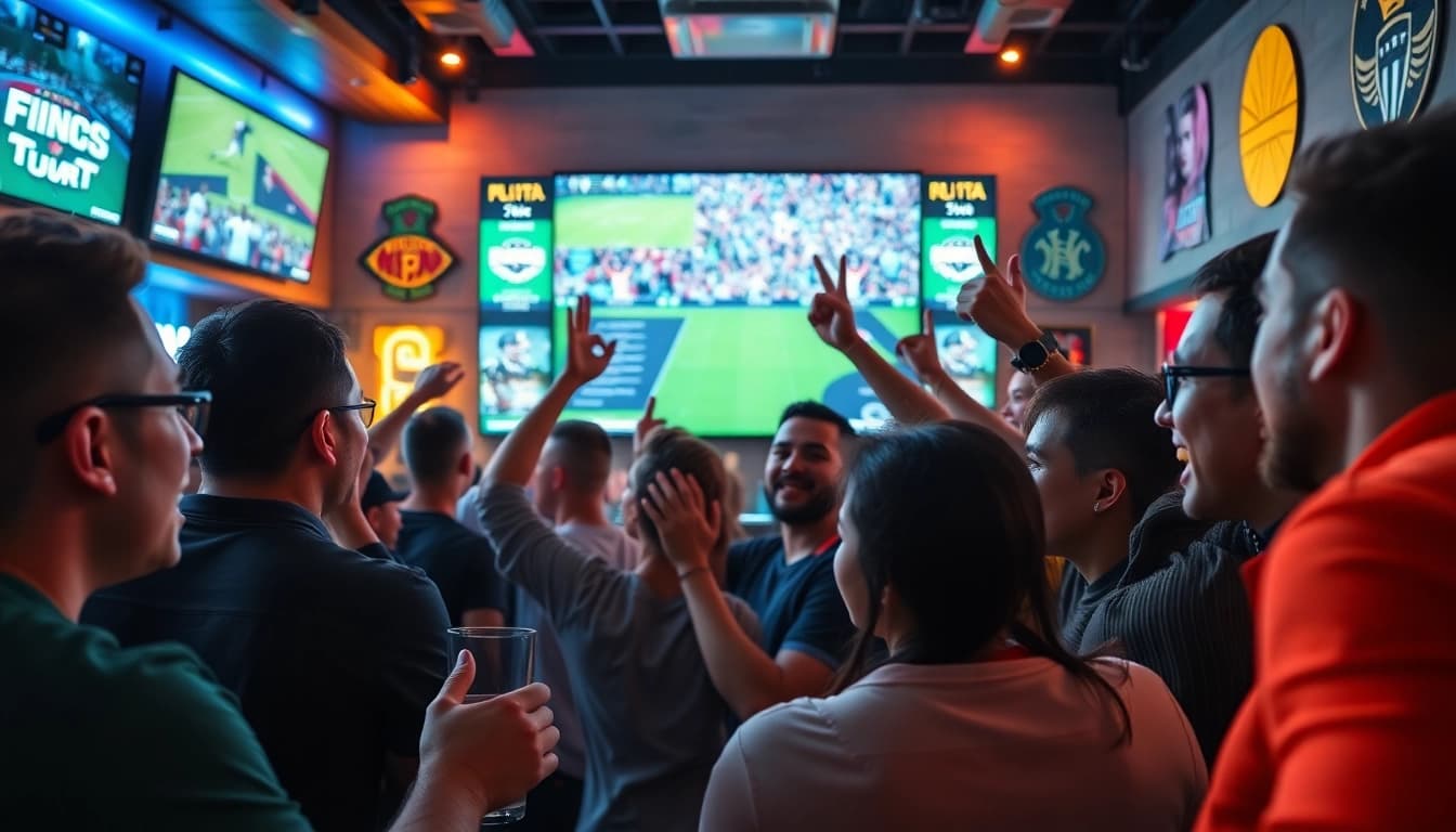 Excited fans enjoying high-definition sports streaming at 토토스토리 sports bar.