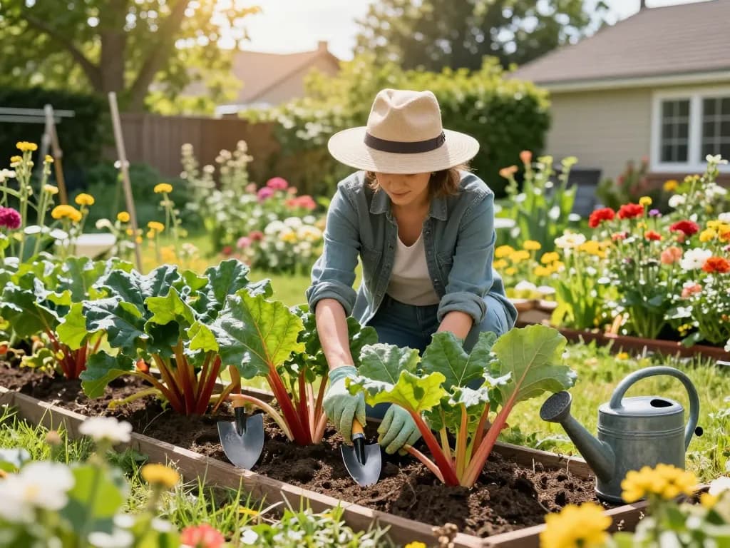 Gardener nurturing vibrant rhabarber planten kopen in a lush home garden, showcasing the beauty of homegrown produce.