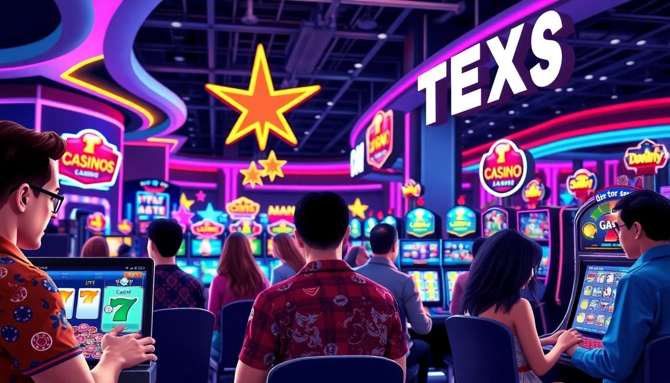 Players enjoying an online casino Texas experience with vibrant gaming elements.