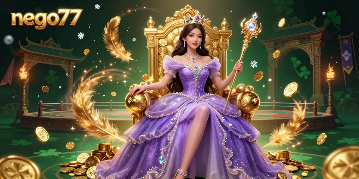 Engage with nego77's immersive casino experience featuring vibrant game elements and an enchanting princess.