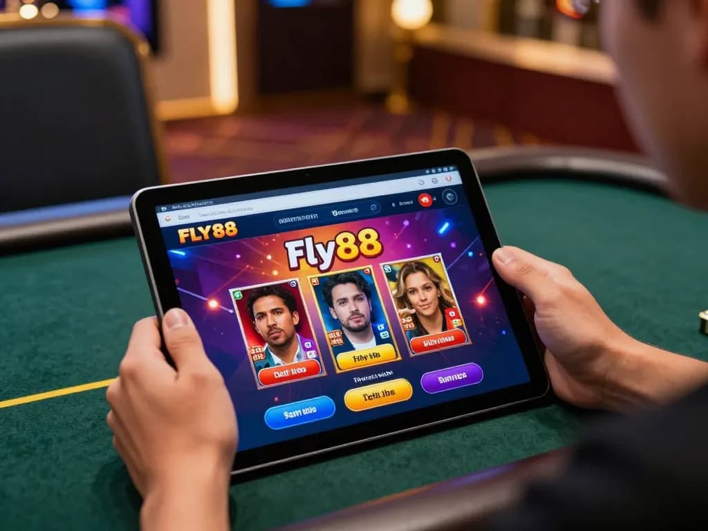 Using fly88 link, player enjoying a thrilling tablet casino experience at home in a cozy setting.