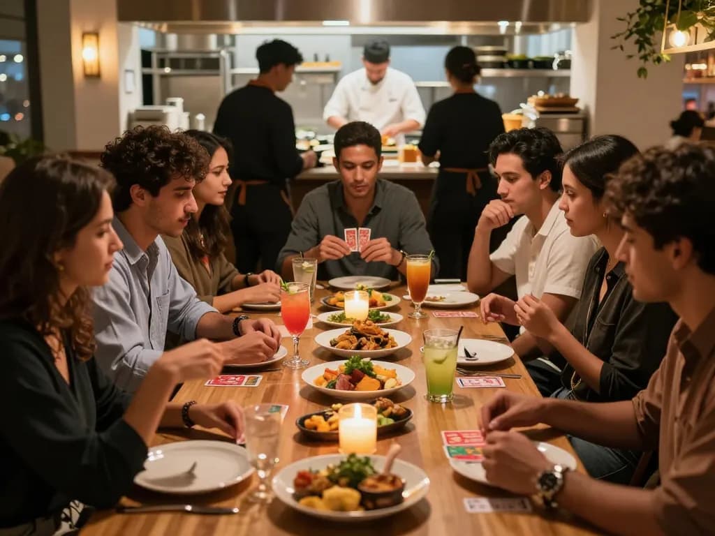 A joyful gathering at POKERSERI, showcasing competitive gaming and delicious food in a lively restaurant setting.