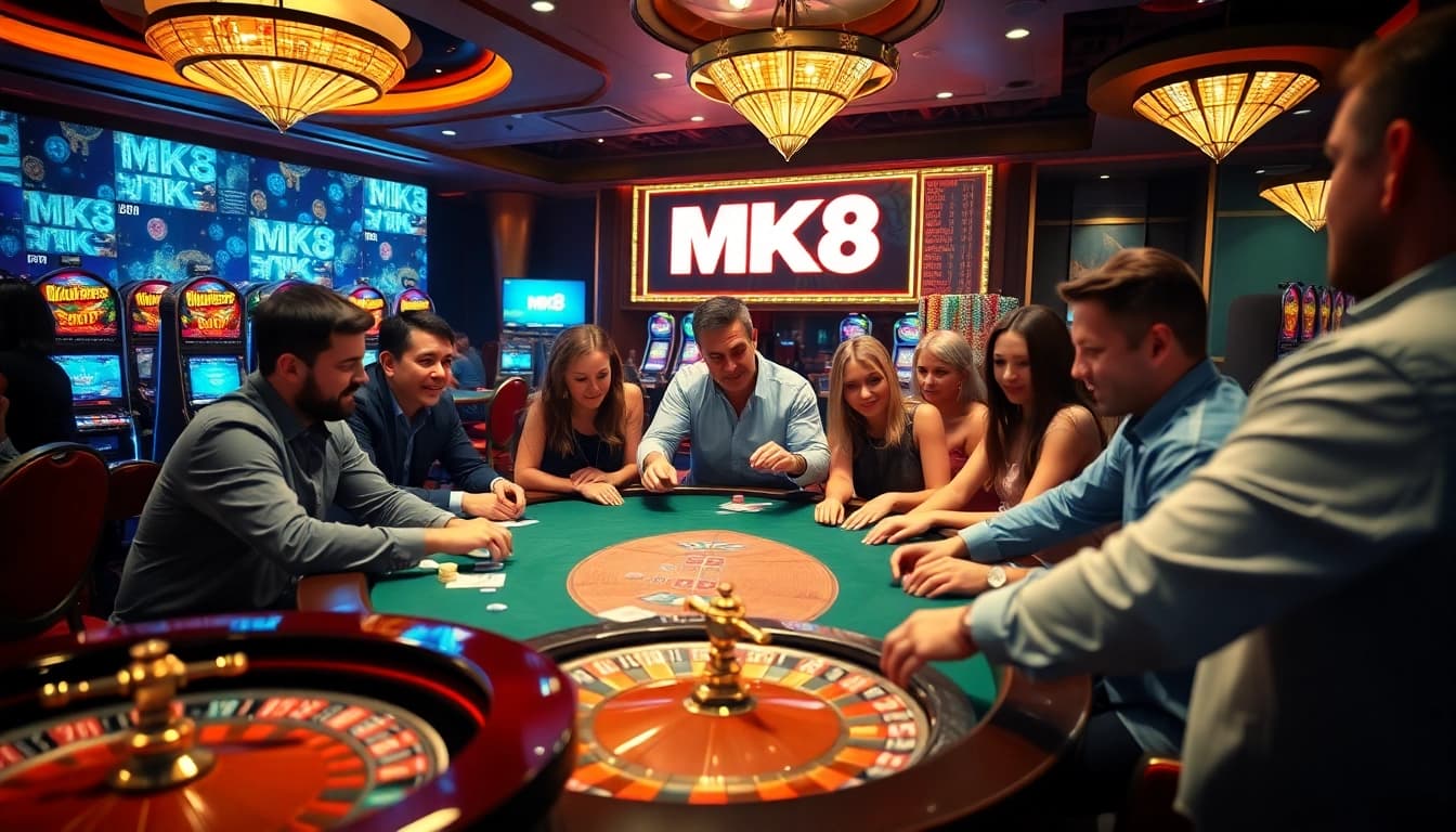 Players enjoying high-stakes games at MK8 casino, vibrant atmosphere on display.