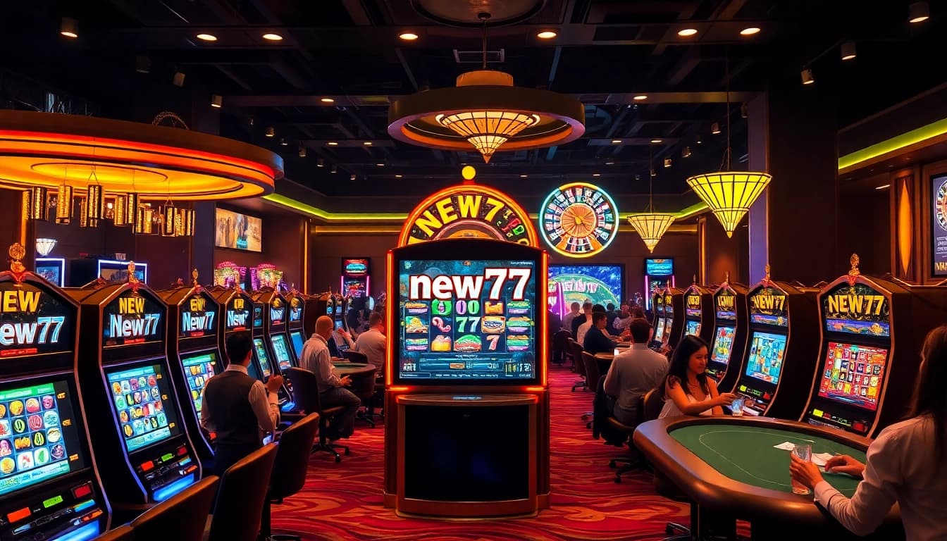 Exciting new77 slot gaming experience with vibrant lights and luxury casino atmosphere.