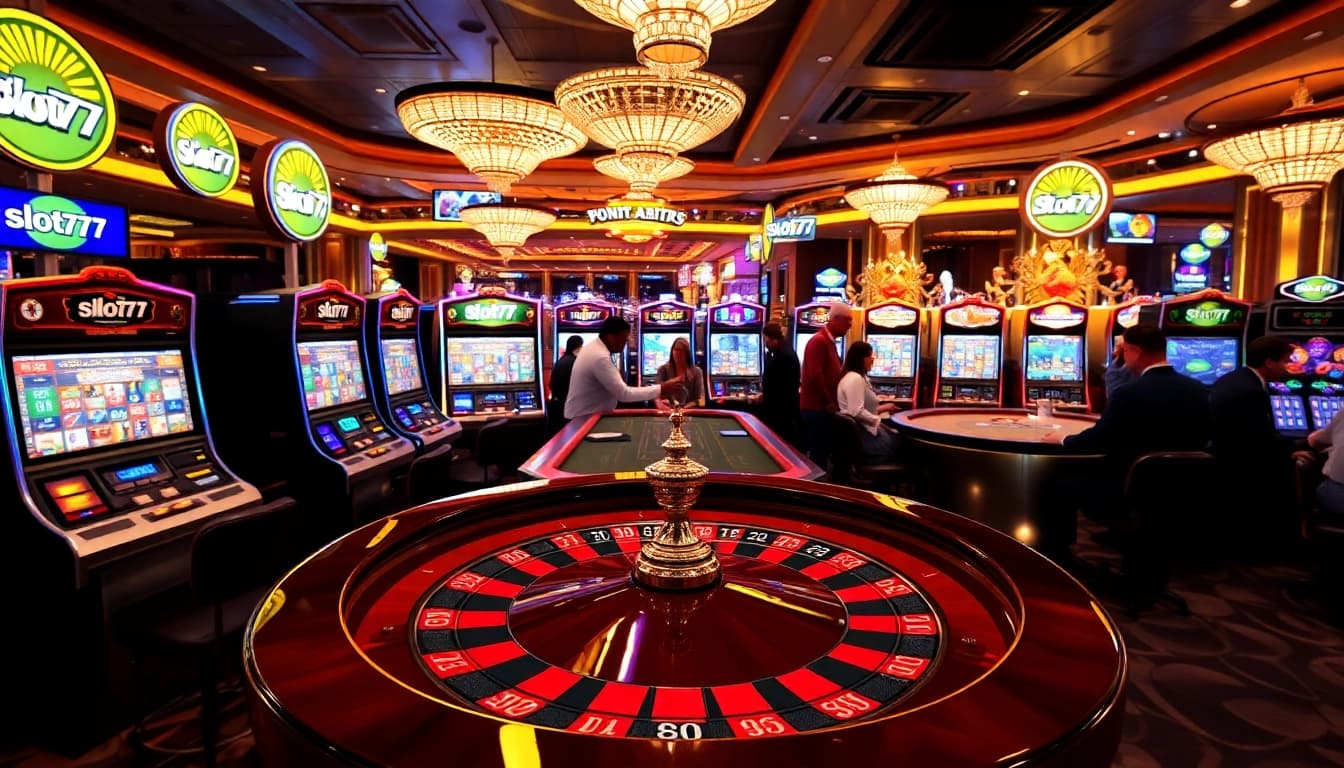 Experience the thrill of winning at slot777 with vibrant slot machines and poker chips.