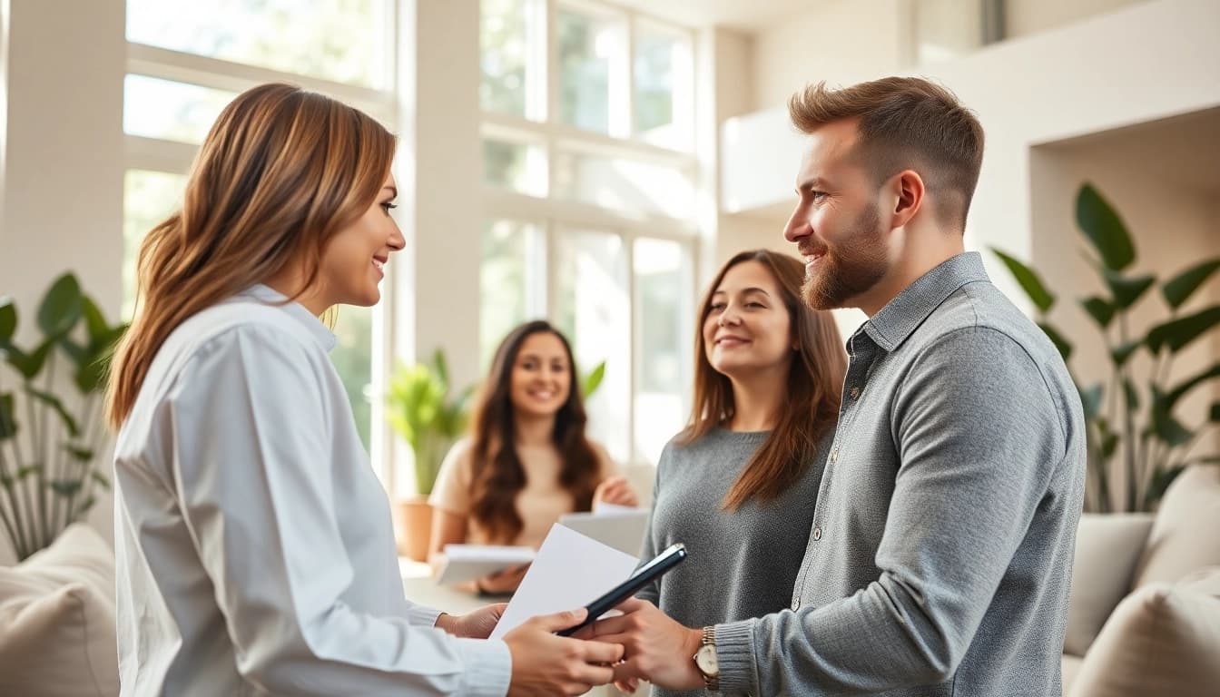 Real Estate agent showcasing a modern home interior to engaged clients.