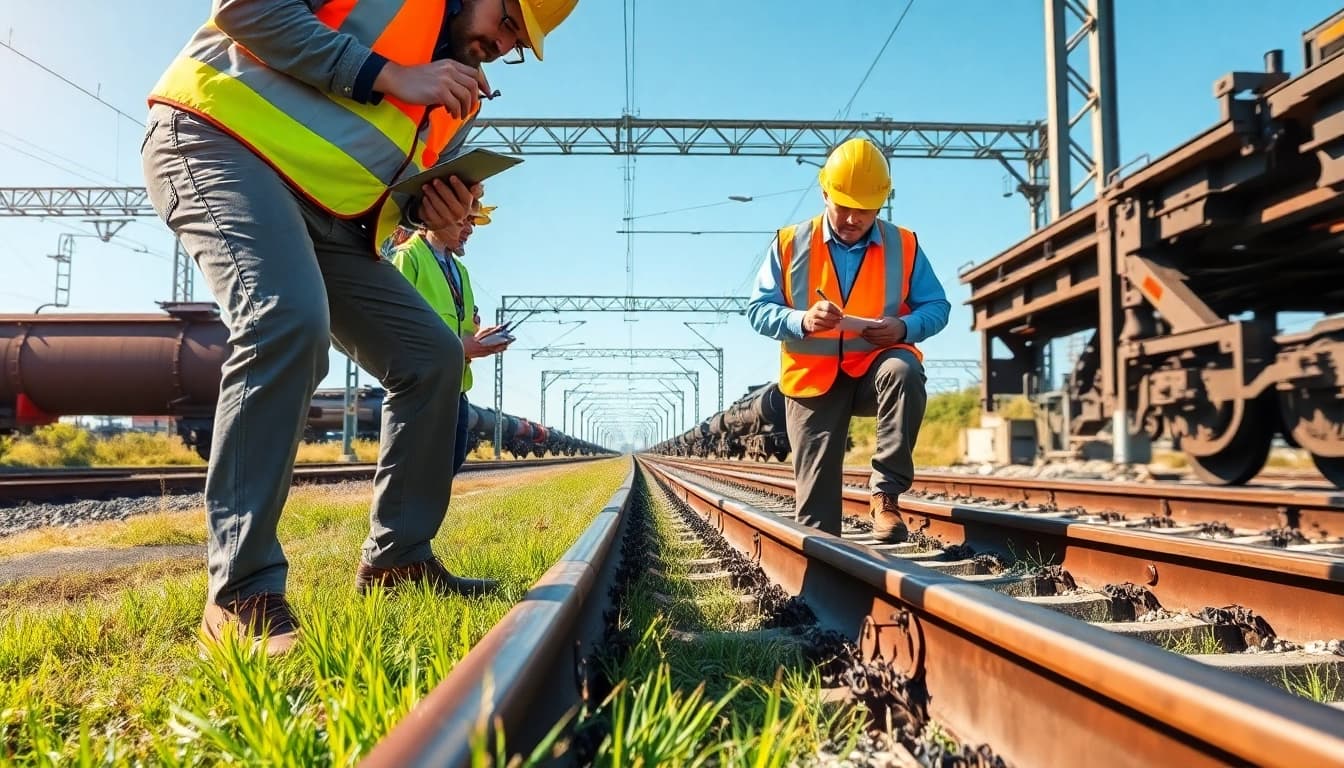 Track Inspectors Near Me assessing railway safety in a well-lit environment with tools.