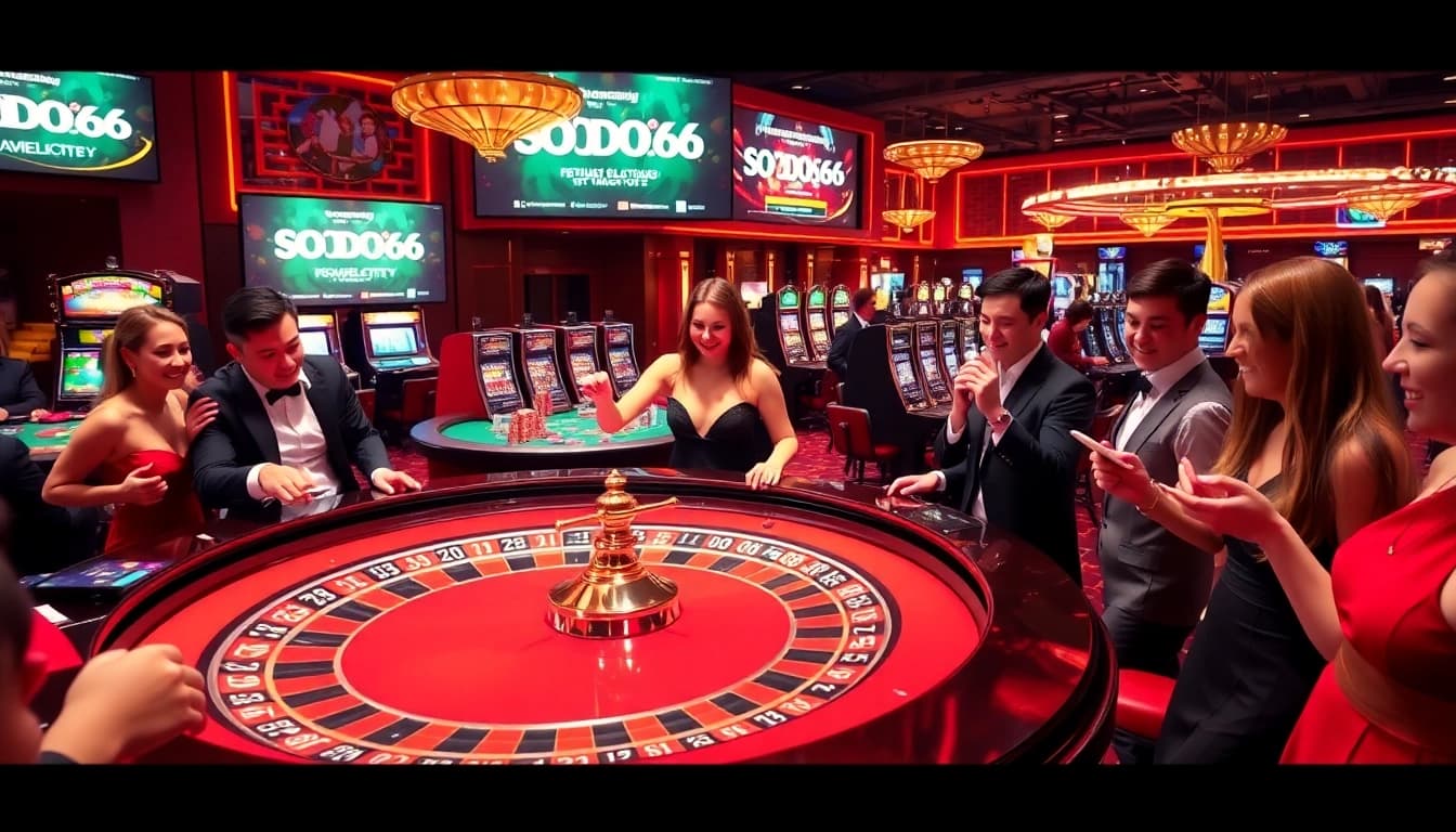 SODO66 players enjoy betting excitement at a vibrant casino table surrounded by dynamic gaming elements.
