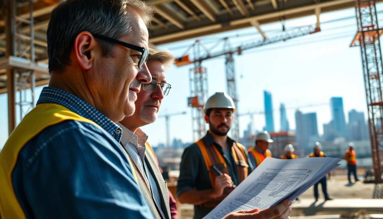 Manhattan Construction Manager collaborating with a construction team on-site, ensuring project success.