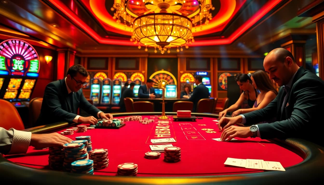 Engaging scene of casino gambling with BDTK66 theme featuring poker tables and roulette wheels.