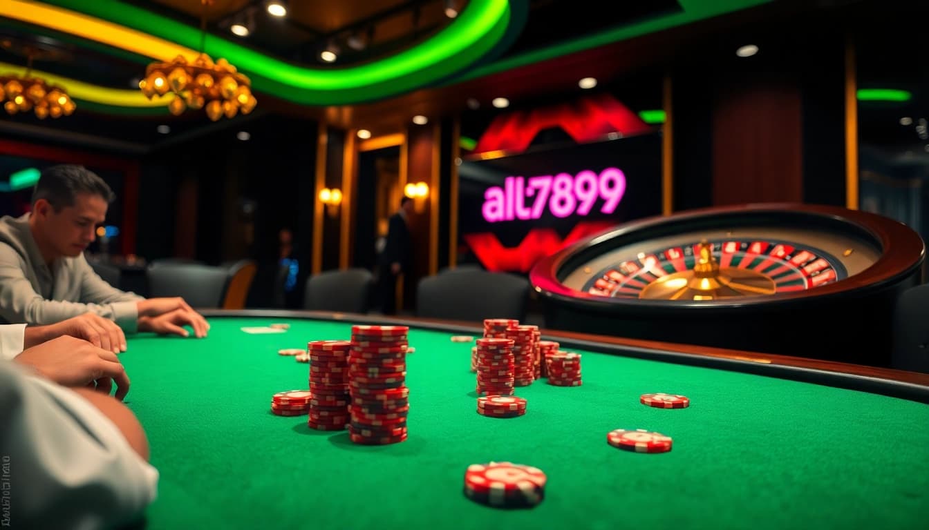 A high-stakes poker table with players engaged, featuring vibrant scenes of gambling at alo789's luxurious casino.