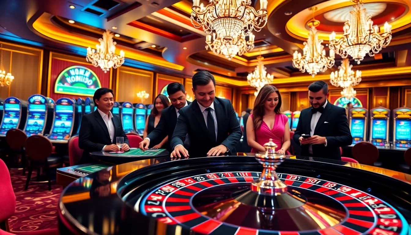 Engaged gamblers at a luxurious casino with NOHU90 branding, featuring vibrant roulette and slot machines.