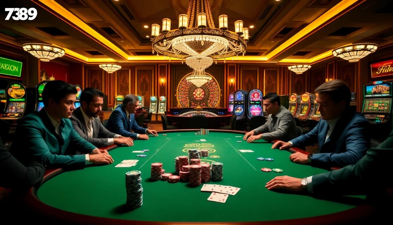 Experience excitement at the 789bet poker table surrounded by luxurious casino elements.