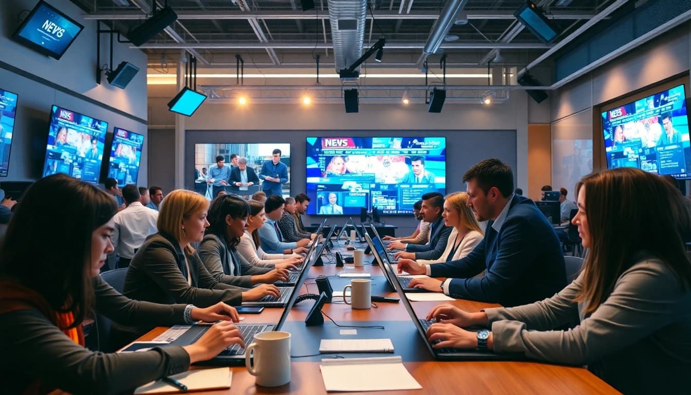 Reporting breaking news in a vibrant newsroom with intense focus and collaboration.