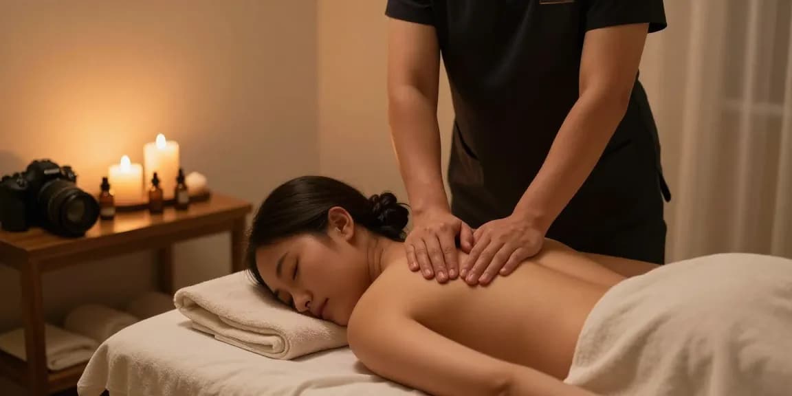 마사지 테라피 룸에서 아로마 오일과 촛불로 편안한 분위기 속에서 스웨디시 마사지를 받는 모습