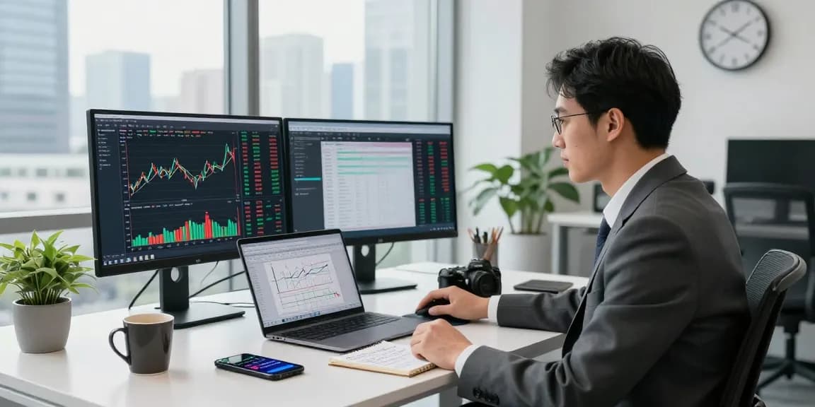 Financial analyst workspace featuring https://factors.org.uk with dual monitors and city skyline