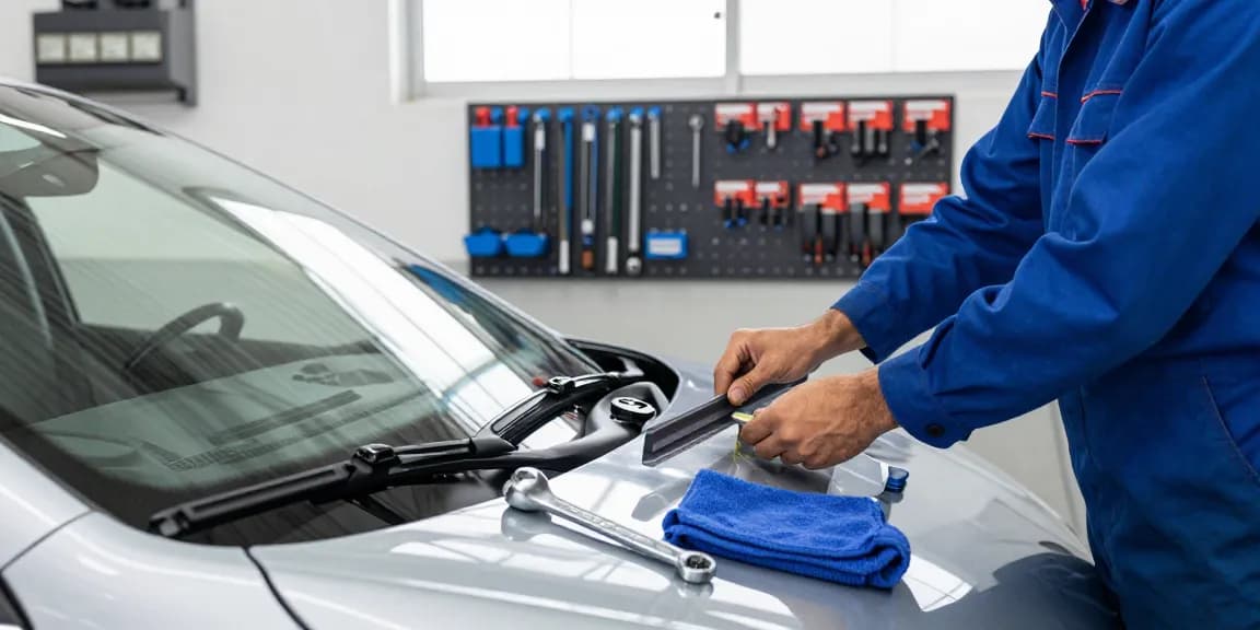 Mechanic installing a flat wiper blade in a modern garage for optimal vehicle visibility.