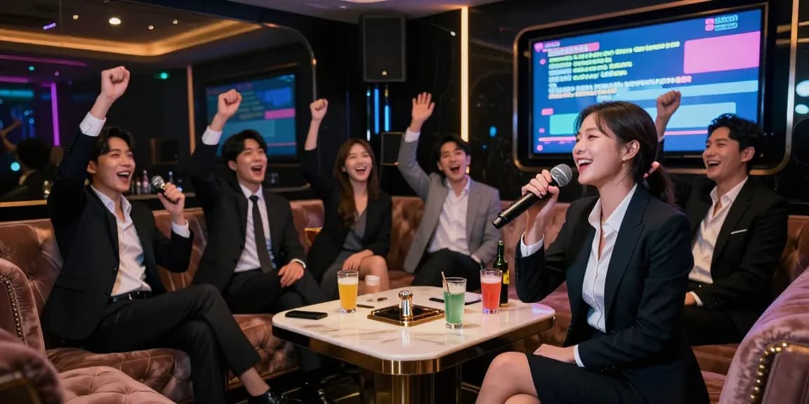 강남가라오케에서 프리미엄 서비스를 경험하는 모습, 더 마이크룸 강남의 고급스러운 인테리어와 분위기를 보여줍니다.