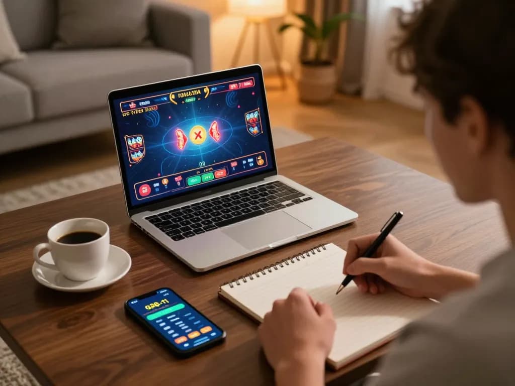 Engaging with g28-t1 online casino using a laptop and mobile app in a cozy home setting