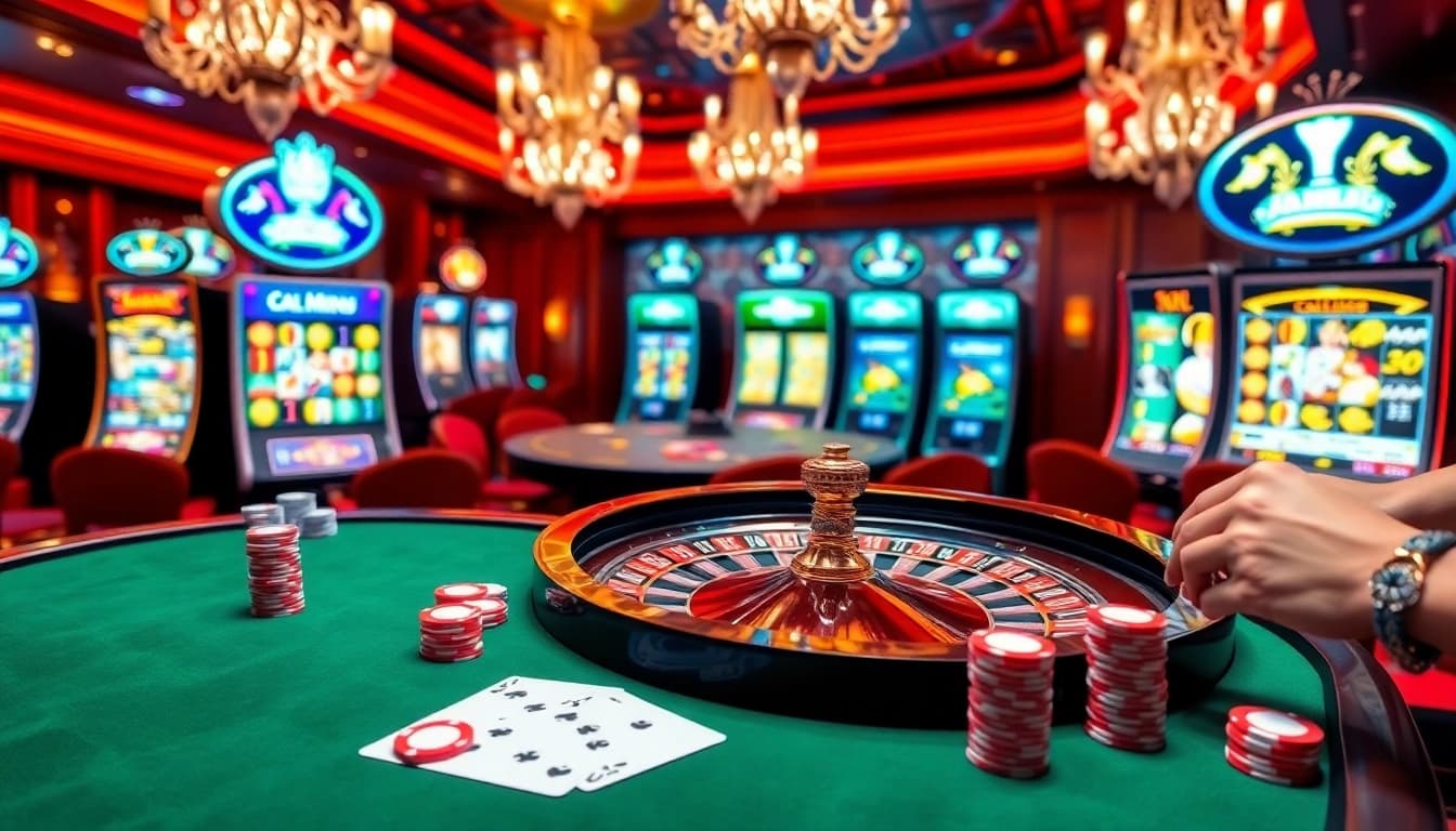 Scène de casino en ligne excitante avec roulette, cartes et machines à sous vibrantes.