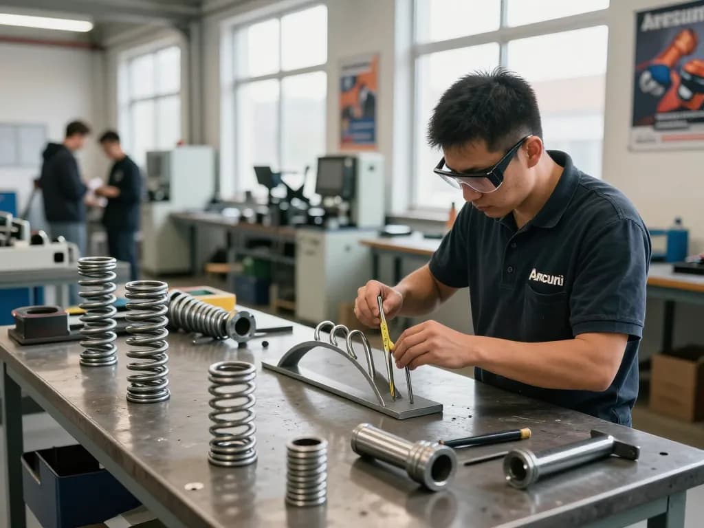 Tehnician care creează arcuri de tracțiune într-un atelier industrial luminos.