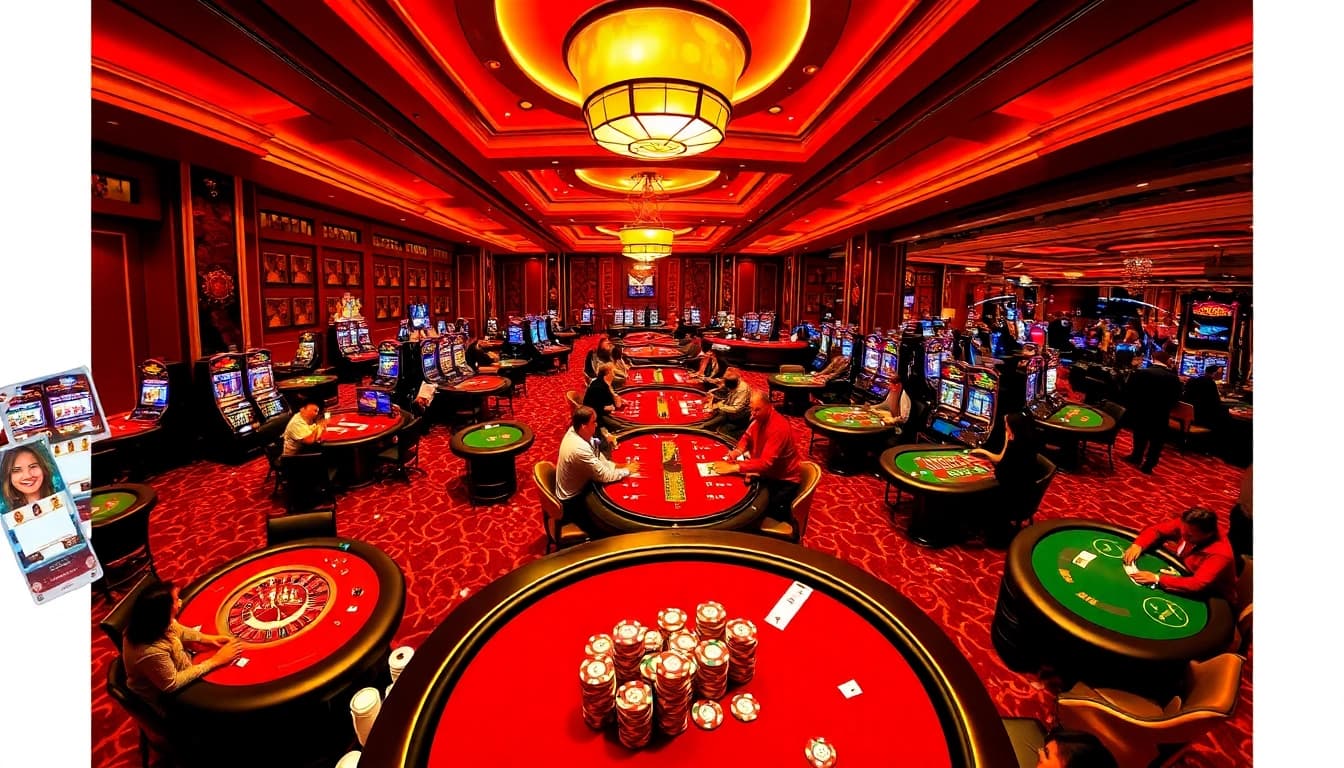 Engaged players at a luxurious casino featuring MMOO-themed games and vibrant gambling atmosphere.