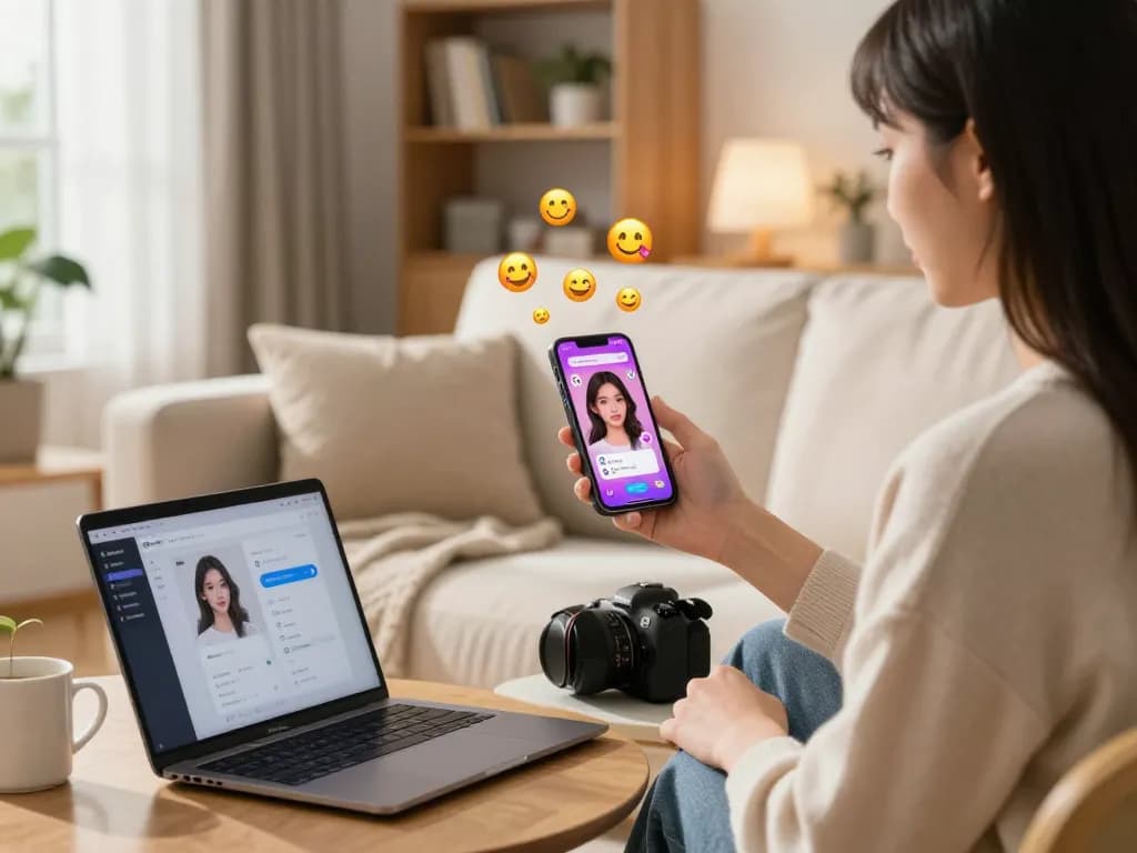Engaging moment with a girlfriend AI chat interface on a smartphone, showcasing digital companionship in a cozy home setting.