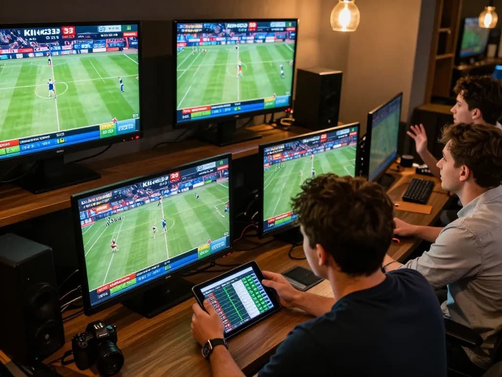 Engaging live sports betting at King33 showing players analyzing stats and placing bets.