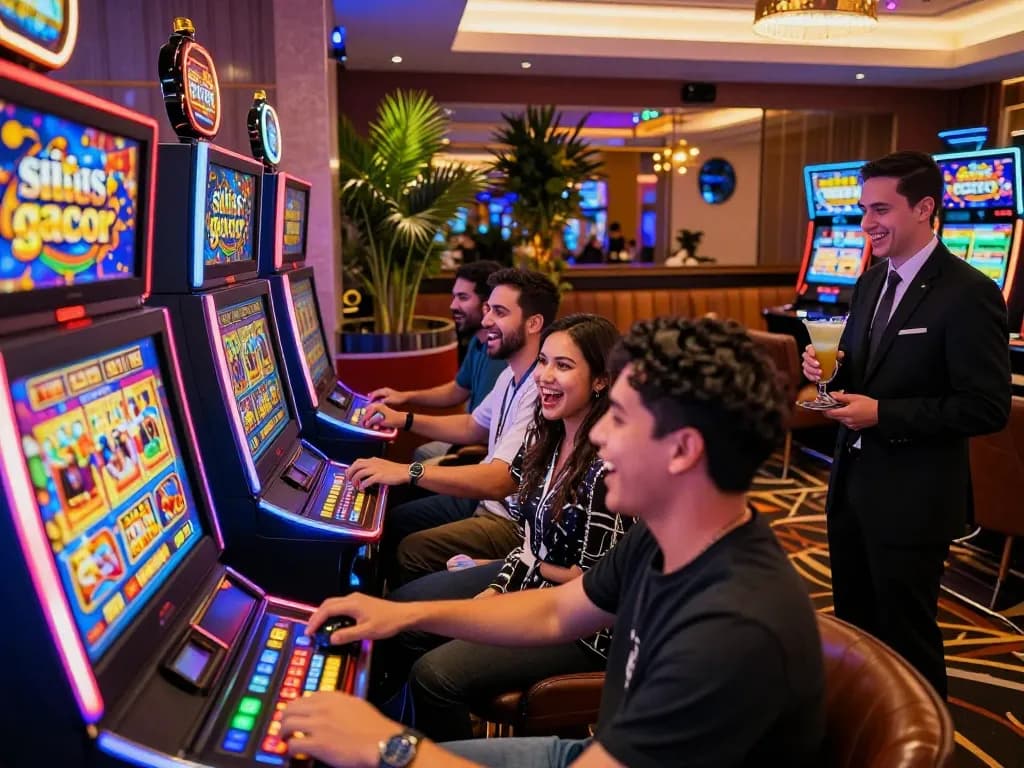 Group of friends enjoying exciting situs gacor slot games in a vibrant casino lounge atmosphere.