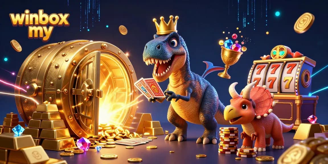 Experience thrilling gaming action with winbox my as dinosaurs engage in card games amidst treasure and excitement.