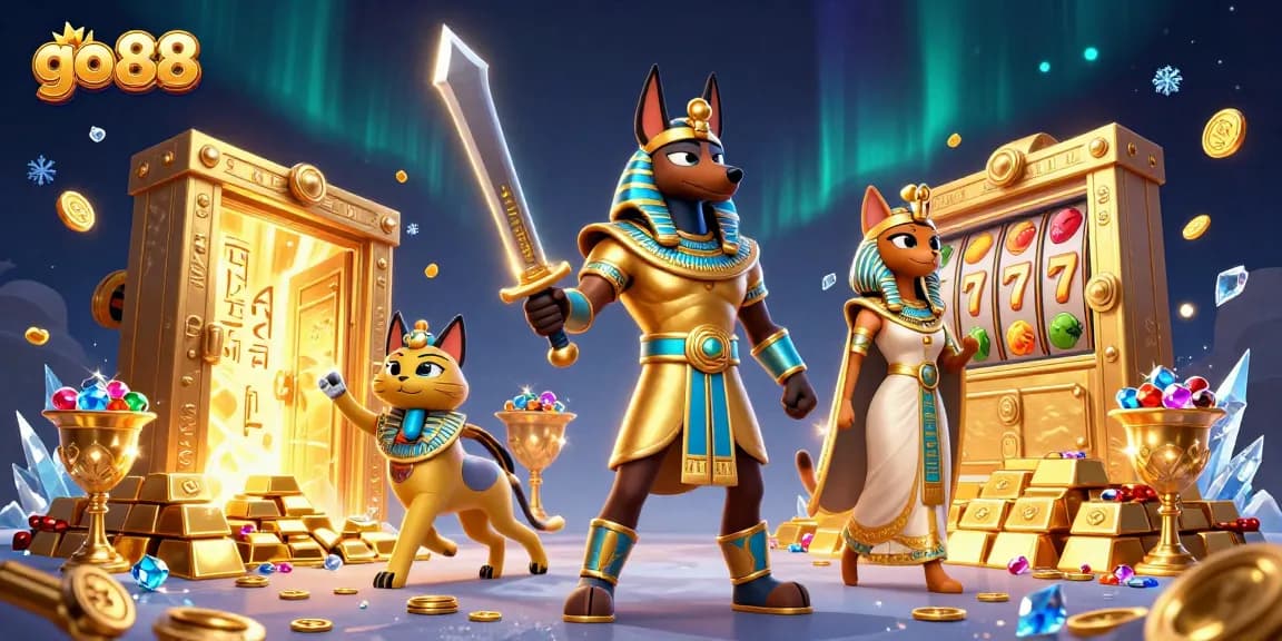 Unlock winning combinations with go 88 in a vibrant casino scene featuring Anubis and Bastet.