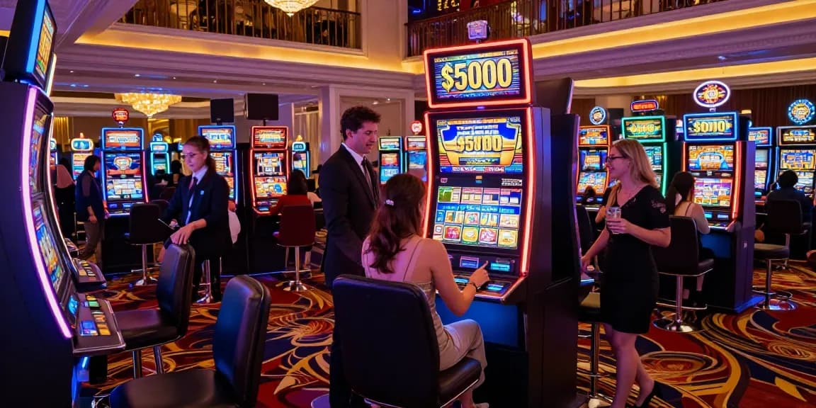 Exciting scene at a casino featuring the $5000 slot machine with guests celebrating wins under vibrant lights.