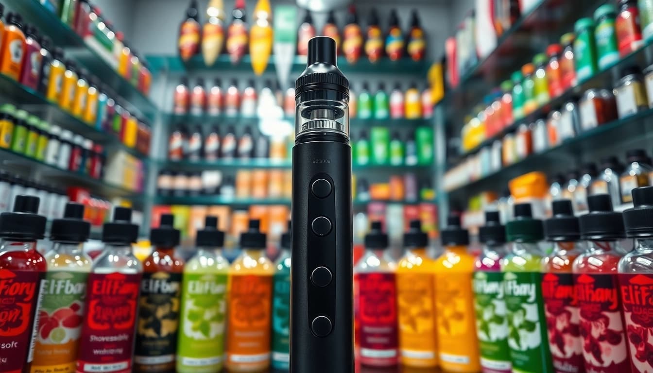 Engaging presentation of elfbar among vibrant vape products in a bright shop setting.