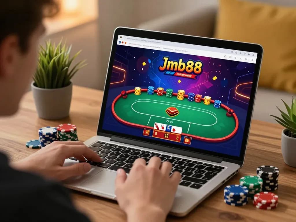 Engaging jmb88 poker gameplay experience on a laptop in a cozy home setup.