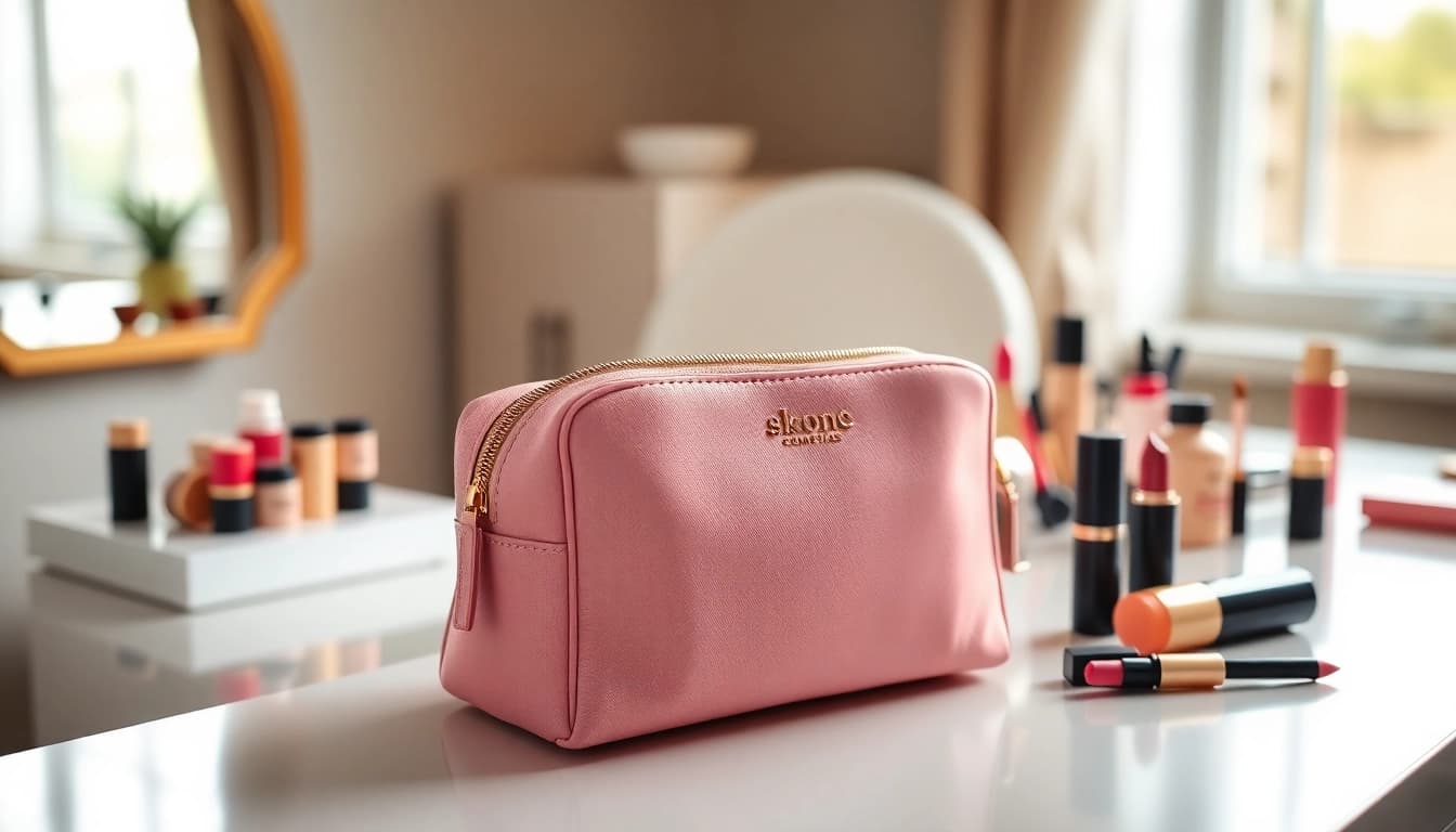 Showcasing the skone cosmetics signature makeup bag filled with vibrant makeup essentials.