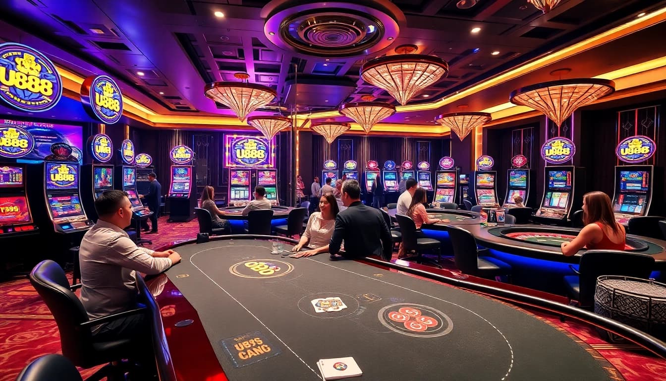 Experience the thrill of U888 with diverse players enjoying poker and slots in a vibrant, luxurious casino atmosphere.