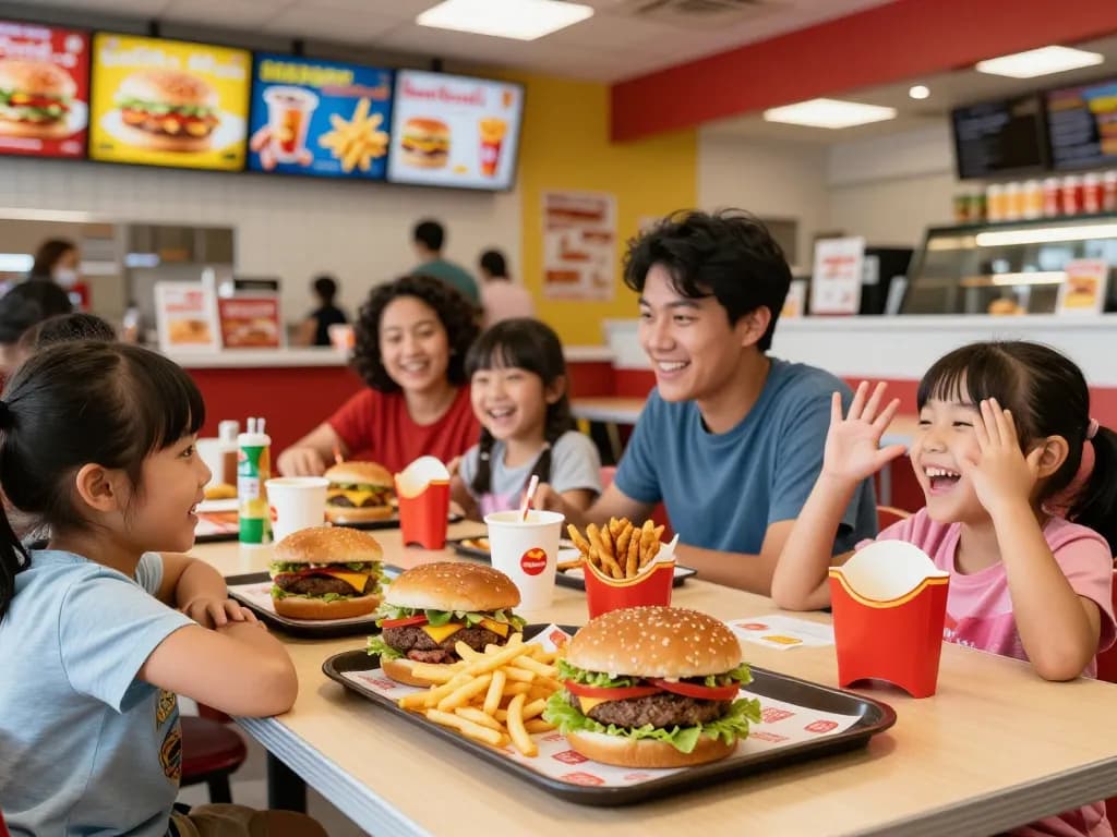 Fast food menu displayed prominently at a lively restaurant with families enjoying meals.