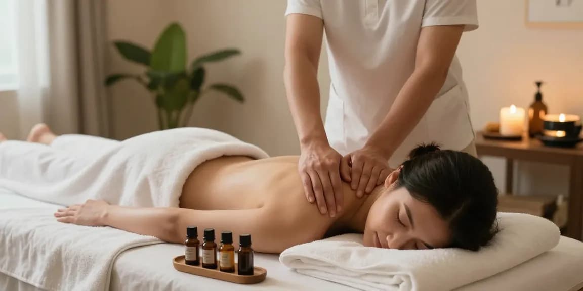 둔산동마사지로 편안한 스웨디시 마사지 받는 모습, 자연 친화적인 스파 환경에서 진정한 휴식을 느끼는 장면