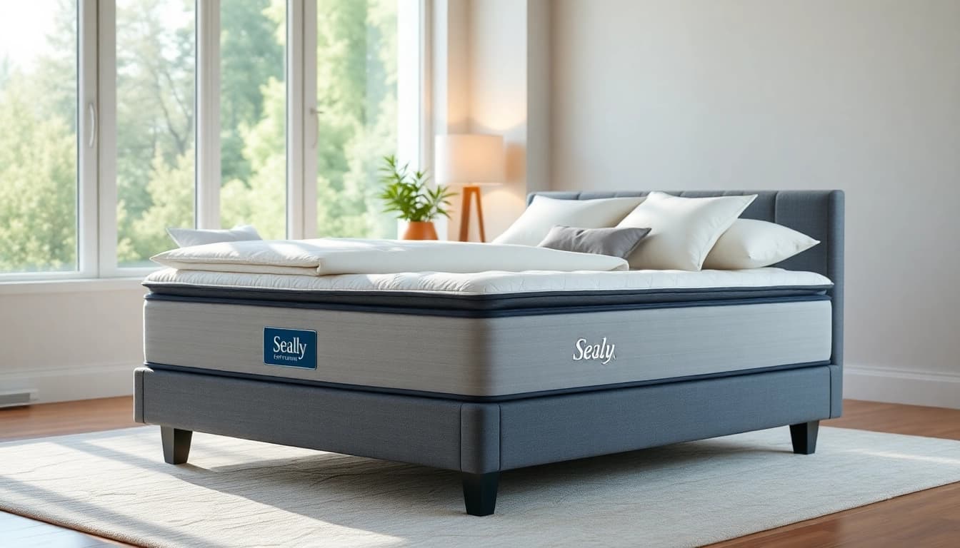 Discover Sealy performance with exclusive posturepedic technology in a serene bedroom setting with soft lighting.