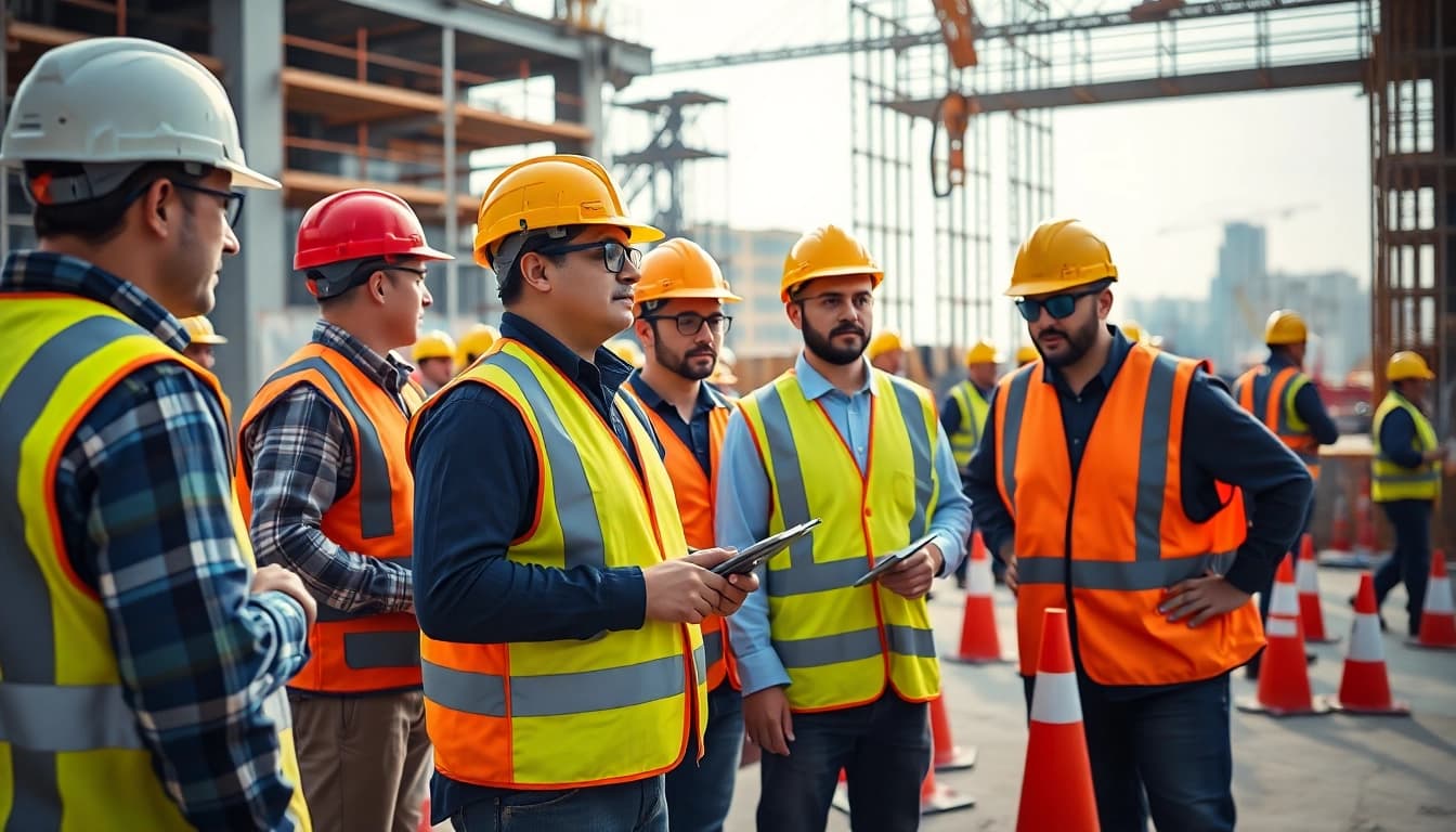 Engaged construction safety training session with workers focused on best practices.