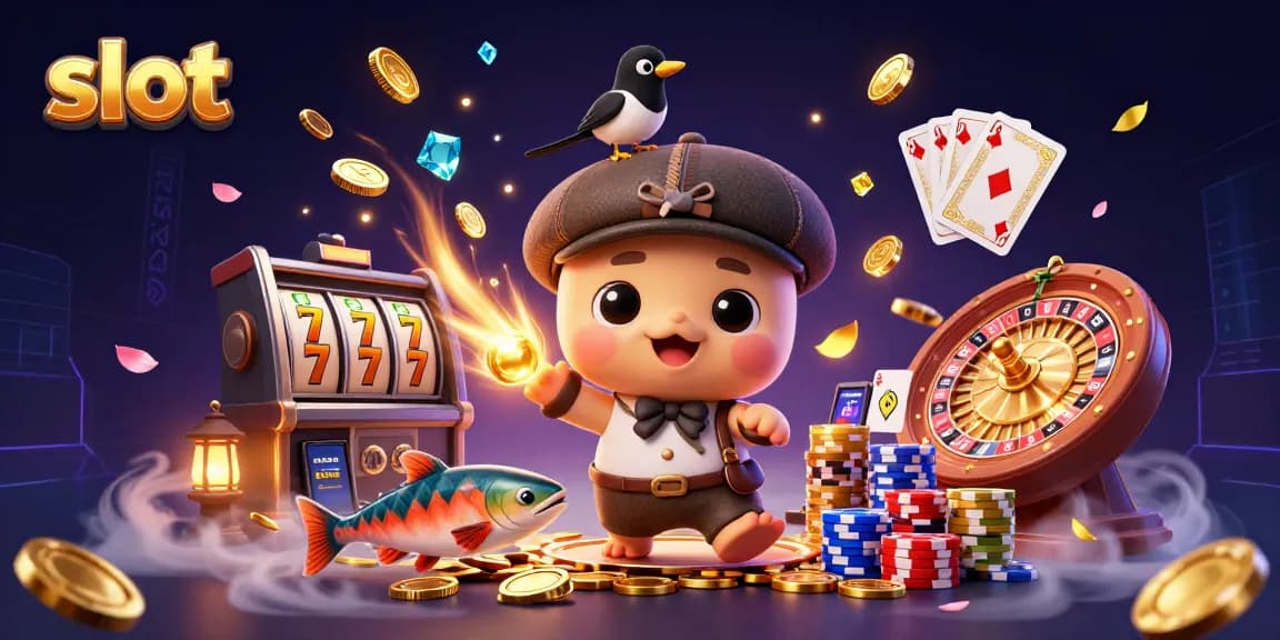 Experience the thrill of slot gameplay with animated characters celebrating around vibrant casino elements.